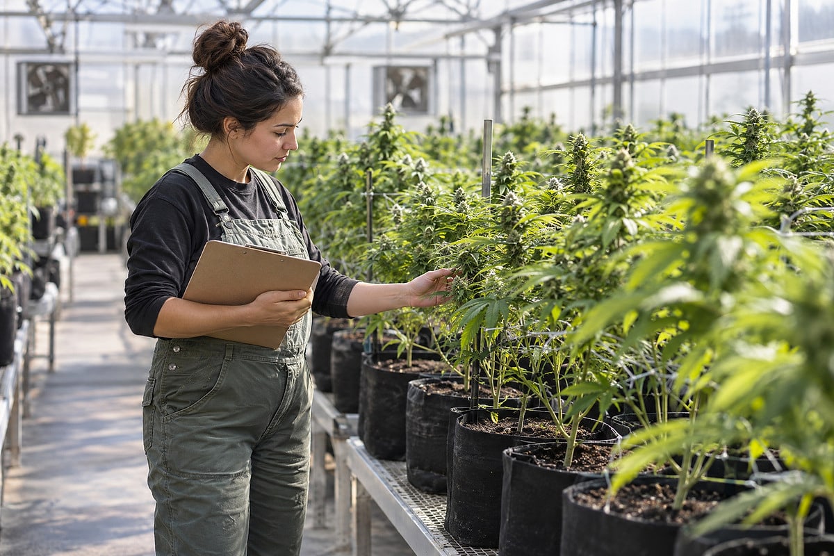 Cultivation worker with a clipboard checking potted plants in a bright grow room, with no readable tags.