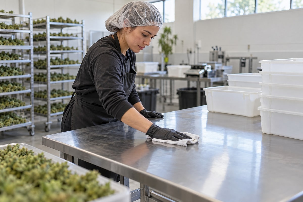 Cannabis cultivation worker cleaning a stainless steel trimming table in a bright, tidy processing room