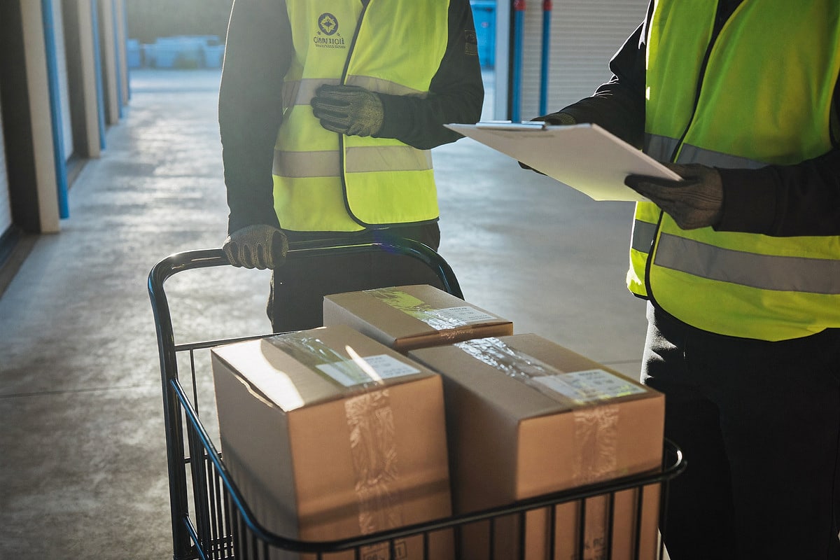 Distribution staff at a loading dock checking sealed packages against a paper manifest on a clipboard in morning light, with no readable text.